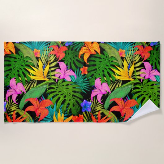 熱帯性花とヤシの葉ハワイアンカラフル ビーチタオル (正面)