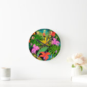 熱帯性花とヤシの葉ハワイアンカラフル ラウンド壁時計 (ホーム)