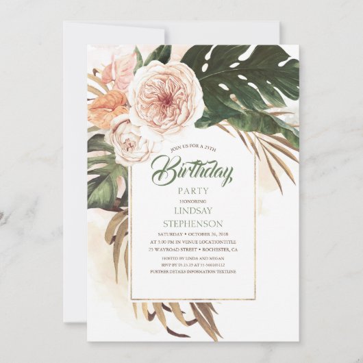 熱帯性花と乾燥したヤシの葉誕生日 招待状 (正面)