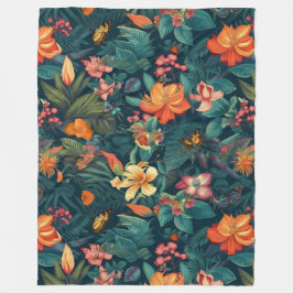 熱帯性花と葉蝶付き フリースブランケット