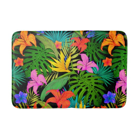 熱帯性花モンステラ葉ハワイアンカラフル バスマット (正面)