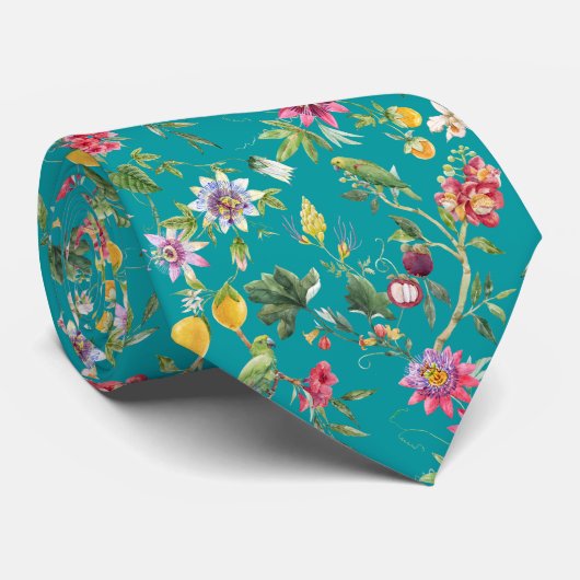 熱帯性花・果実・鳥類ティール(緑がかった色) ネクタイ (ロール)