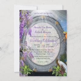 熱帯性藤の花と大きなカラフルの鳥 招待状