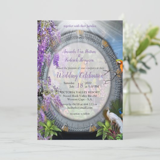 熱帯性藤の花と大きなカラフルの鳥 招待状 (スタンド正面)