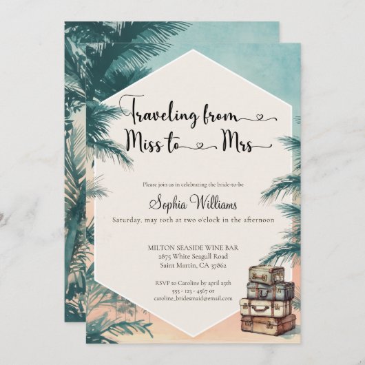 熱帯恋しく思ブライダルシャワーへの旅行 招待状 (正面/裏面)