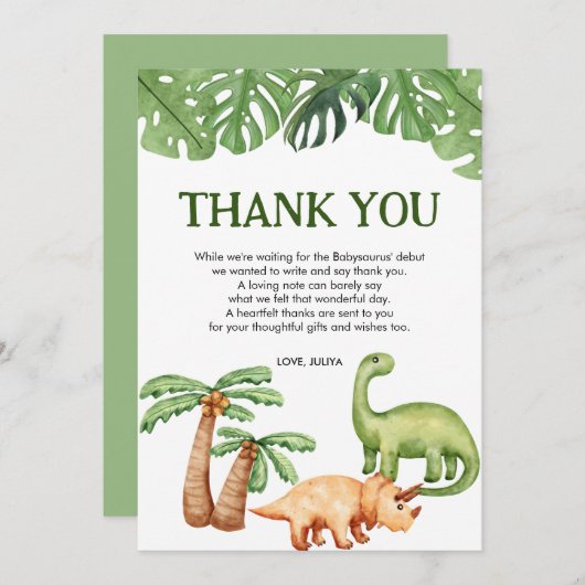 熱帯恐竜の男の子の赤ちゃんシャワー サンキューカード (正面/裏面)
