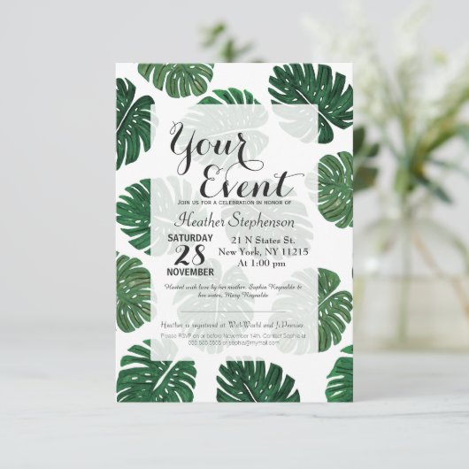 熱帯手塗りのスイスチーズの植物の葉 招待状 (スタンド正面)