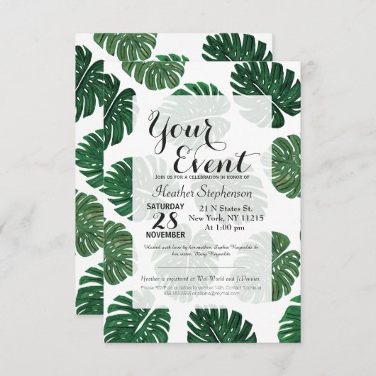 熱帯手塗りのスイスチーズの植物の葉 招待状 (正面/裏面)