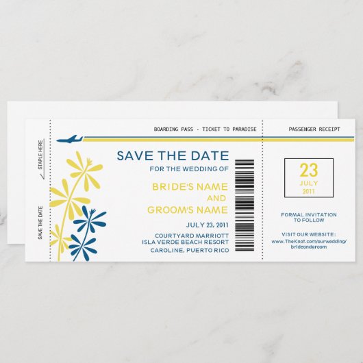 熱帯搭乗券の保存日付の招待状 セーブザデート (正面/裏面)