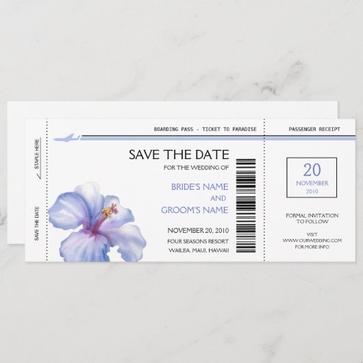 熱帯搭乗券の保存日付の招待状 セーブザデート (正面/裏面)