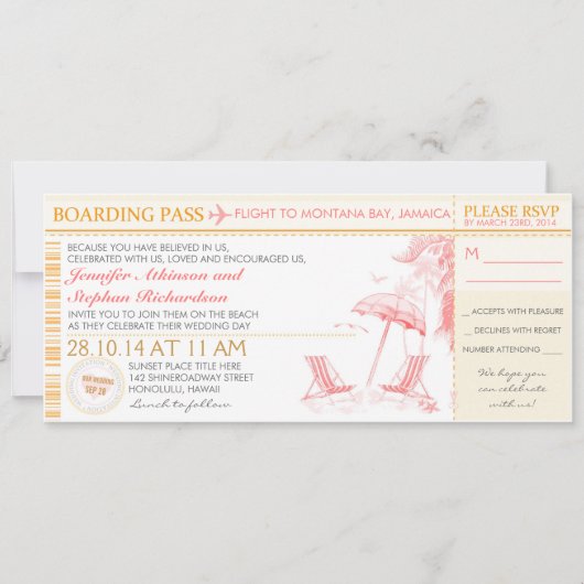 熱帯搭乗券-結婚式招待状とRSVP 招待状 (正面)