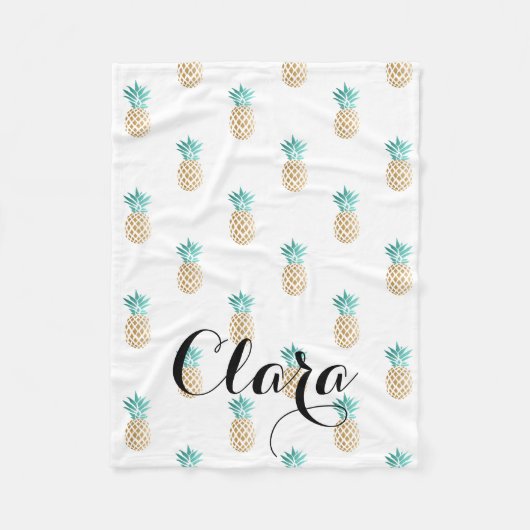 熱帯新しい夏のフェイクな金ゴールドのパイナップルパターン フリースブランケット (正面)