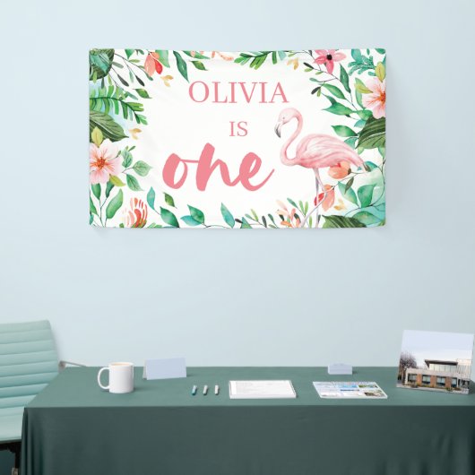 熱帯最初の誕生日ルアウ（ハワイ式宴会）フラミンゴ 横断幕 (トレードショー)
