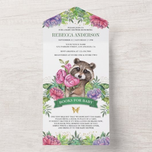 熱帯林かわいいフローラアライグマ赤ちゃんシャワー オールインワン招待状 (内側)