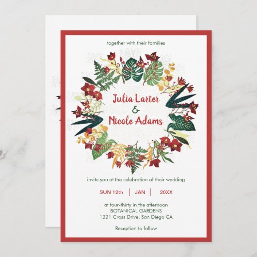 熱帯林野冬オレンジ色の花結婚の数 招待状 (正面/裏面)