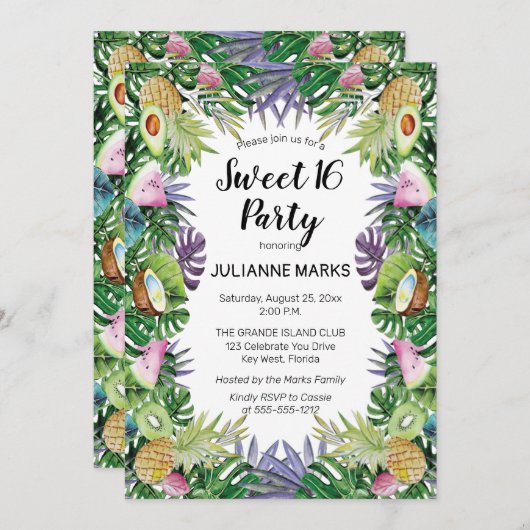 熱帯果実|グリーンリーサマースイート16パーティー 招待状 (正面/裏面)