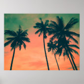 熱帯桃の夕日とヤシの木の旅行写真 ポスター (正面)