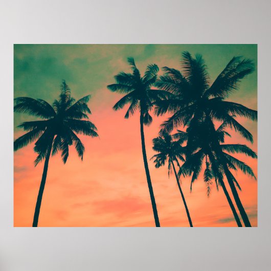 熱帯桃の夕日とヤシの木の旅行写真 ポスター (正面)