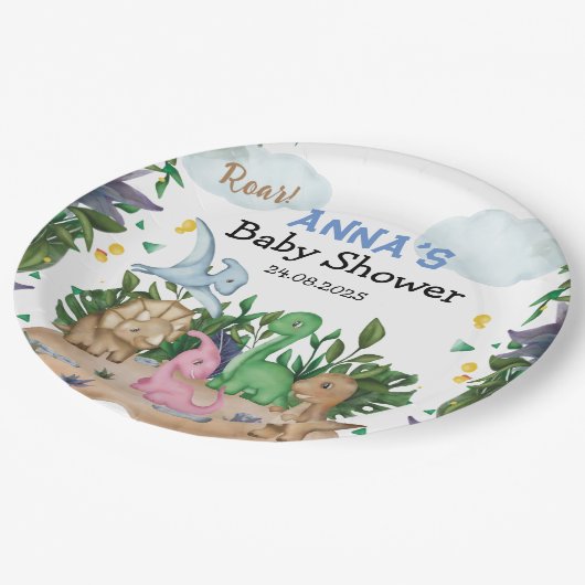 熱帯森林恐竜の赤ちゃんシャワー ペーパープレート (アングル)