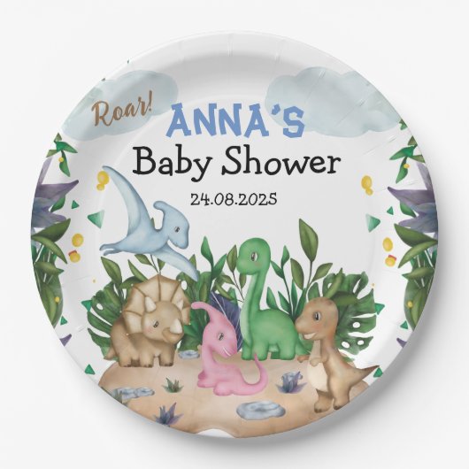 熱帯森林恐竜の赤ちゃんシャワー ペーパープレート (正面)