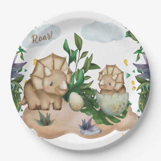 熱帯森林恐竜ベビーシャワー紙プレート ペーパープレート (正面)