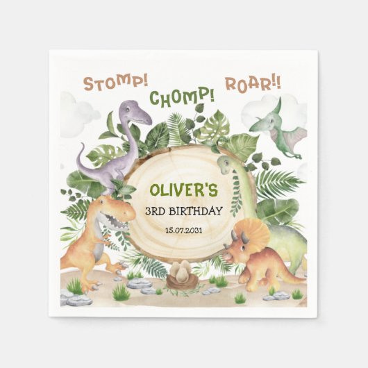 熱帯森林恐竜ボーイズ誕生日パーティー スタンダードカクテルナプキン (正面)