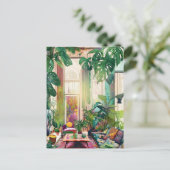 熱帯植物でいっぱいの美しいリビングルーム ポストカード (スタンド正面)