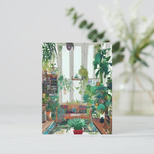 熱帯植物でいっぱいの美しいリビングルームAI ポストカード (スタンド正面)