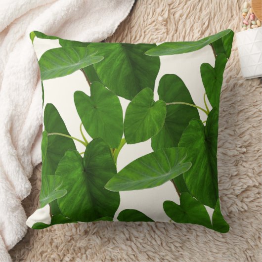 熱帯植物の緑葉のアイボリー クッション (ブランケット)