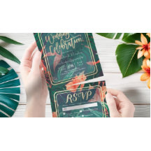 熱帯植物の花の葉の金ゴールドフレームウェディングRSVP