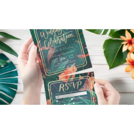 熱帯植物の花の葉の金ゴールドフレームウェディングRSVP オールインワン招待状