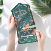 熱帯植物の花の葉の金ゴールドフレームウェディングRSVP オールインワン招待状