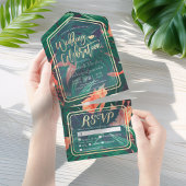 熱帯植物の花の葉の金ゴールドフレームウェディングRSVP オールインワン招待状