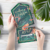 熱帯植物の花の葉の金ゴールドフレームウェディングRSVP オールインワン招待状