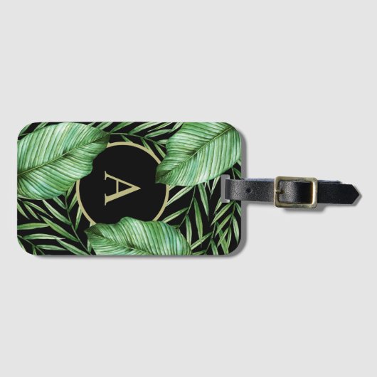 熱帯植物の葉とモノグラム ラゲッジタグ (正面横)
