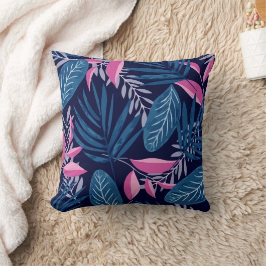 熱帯植物の青とピンクの模様 クッション (ブランケット)