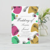熱帯植物オーガニック形黄色結婚色 招待状 (スタンド正面)