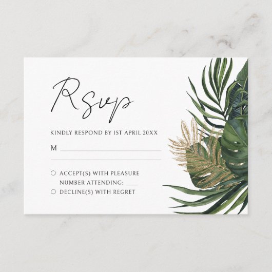 熱帯植物夏ボホ結婚の 出欠カード (正面)