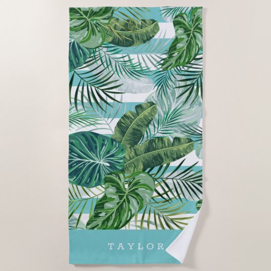 熱帯植物学ストライプパーソナライズされた ビーチタオル (正面)