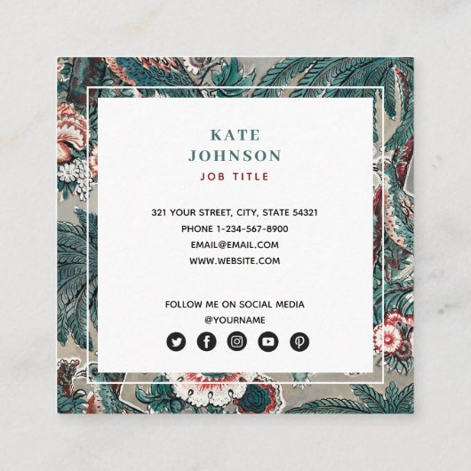 熱帯植物学QRコードソーシャルメディアのアイコン スクエア名刺 (裏面)