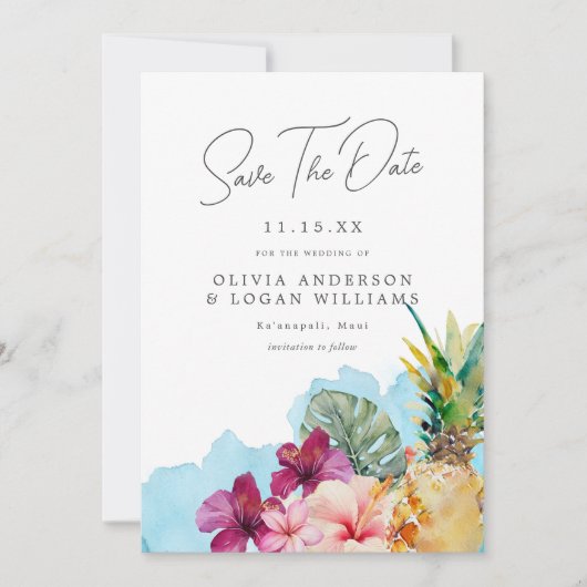 熱帯植物島の結婚式の日付を保存 招待状 (正面)