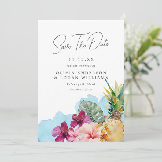 熱帯植物島の結婚式の日付を保存 招待状 (スタンド正面)