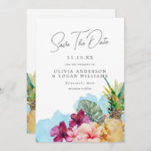 熱帯植物島の結婚式の日付を保存 招待状 (正面/裏面)