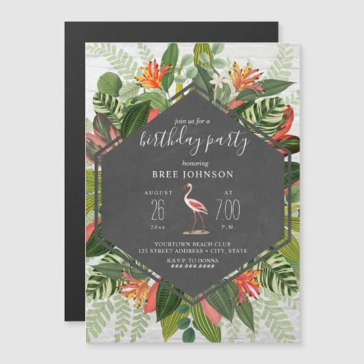 熱帯植物性フラミンゴ誕生日 マグネット招待状 (正面/裏面)