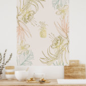 熱帯植物性フローラパイナップル金ゴールド赤面 ポスター (キッチン)