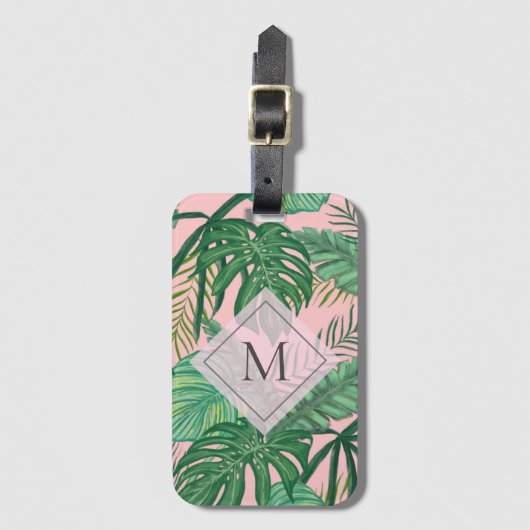 熱帯植物性水彩ピンクアートモノグラム ラゲッジタグ (正面縦)