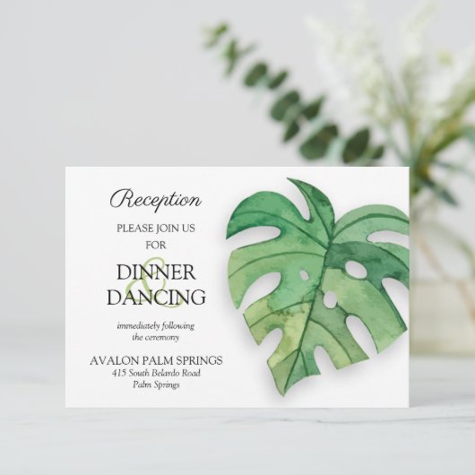 熱帯植物性結婚式のレセプションカード エンクロージャーカード (スタンド正面)