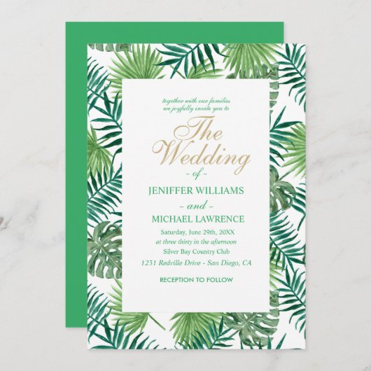 熱帯植物性葉植物模様。 招待状 (正面/裏面)