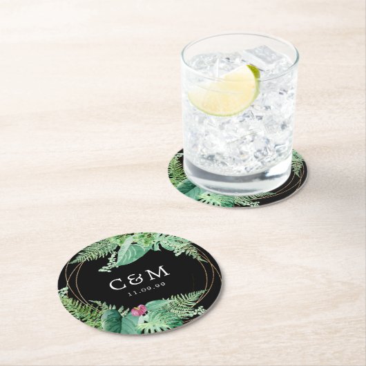 熱帯植物結婚のモノグラムと日付 ラウンドペーパーコースター (インサイチュ)