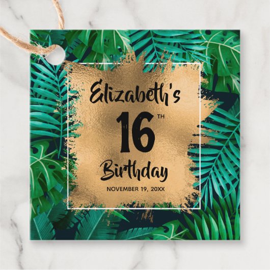 熱帯植物金ゴールド16誕生日 パーソナライズされた フェイバータグ (正面)
